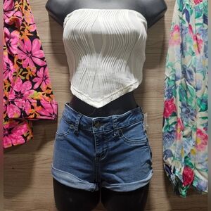 Fashion Nova White Strapless Scarf-Hem Tube Top with Blue Denim Shorts